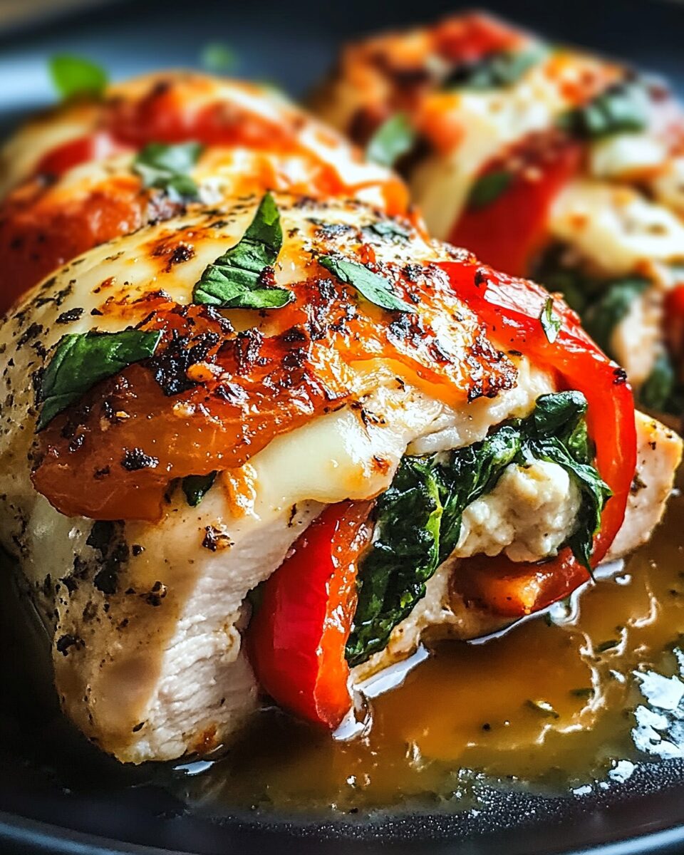 Baked Roasted Red Pepper Spinach Mozzarella Chicken