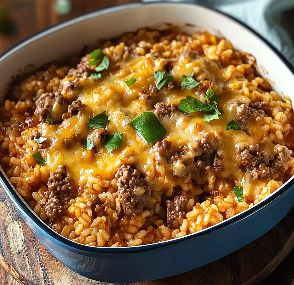 Cheesy Cheddar Beef and Rice Casserole