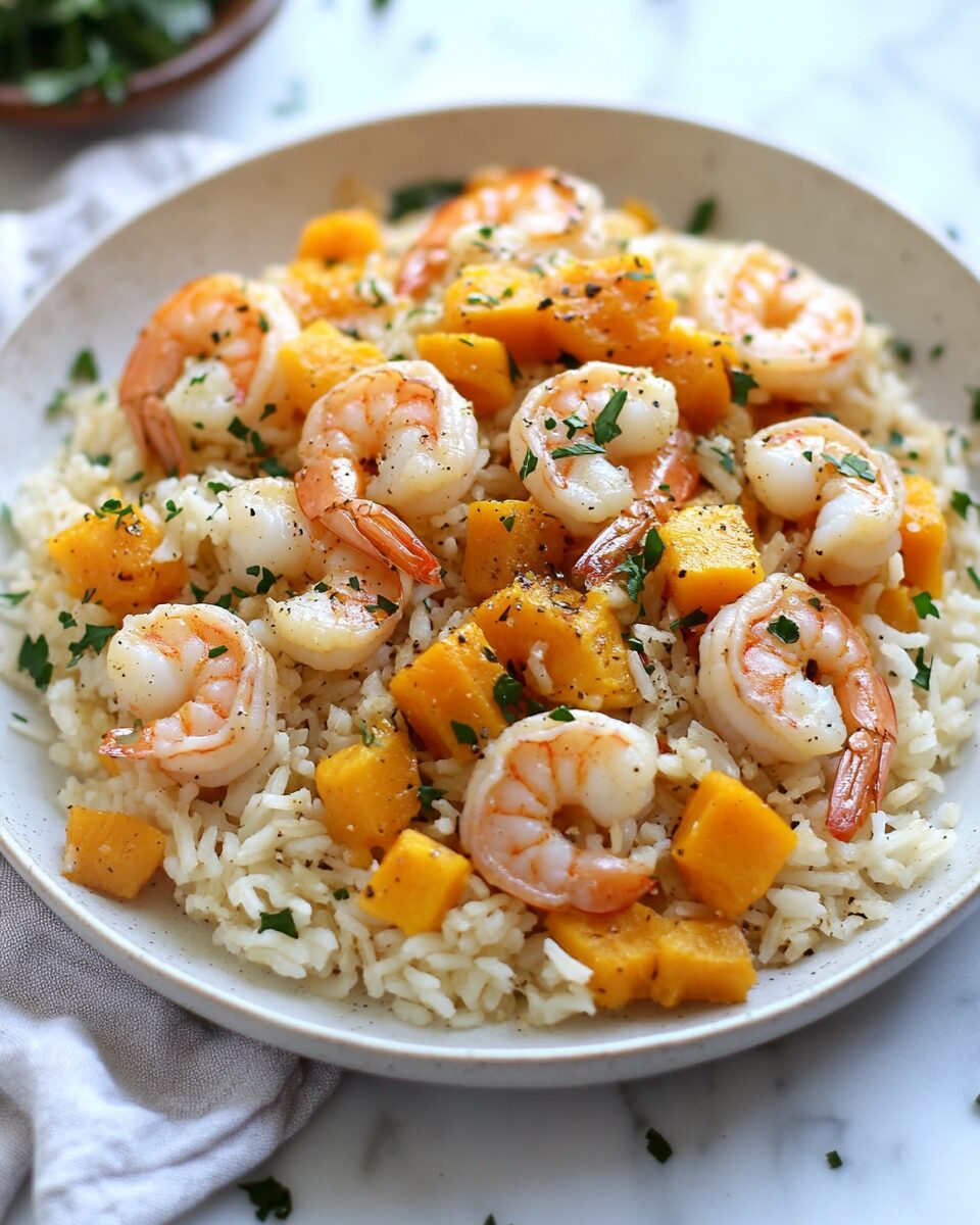 Cheesy Butternut Squash Rice with Shrimp
