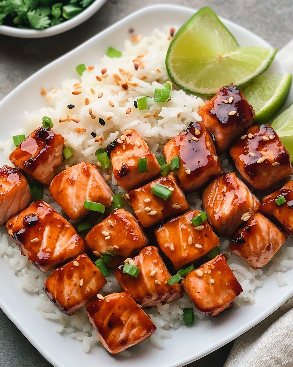 Honey Glazed Salmon Bites with Coconut Rice