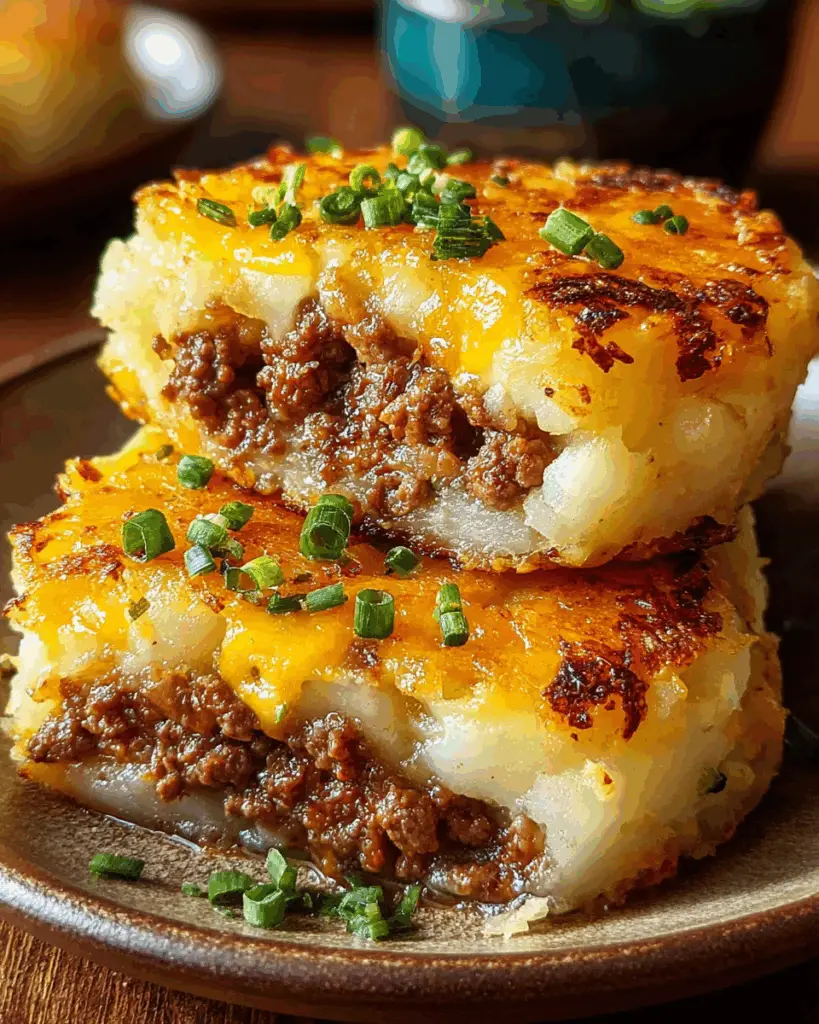 Cheesy Ground Beef Stuffed Crispy Mashed Potatoes