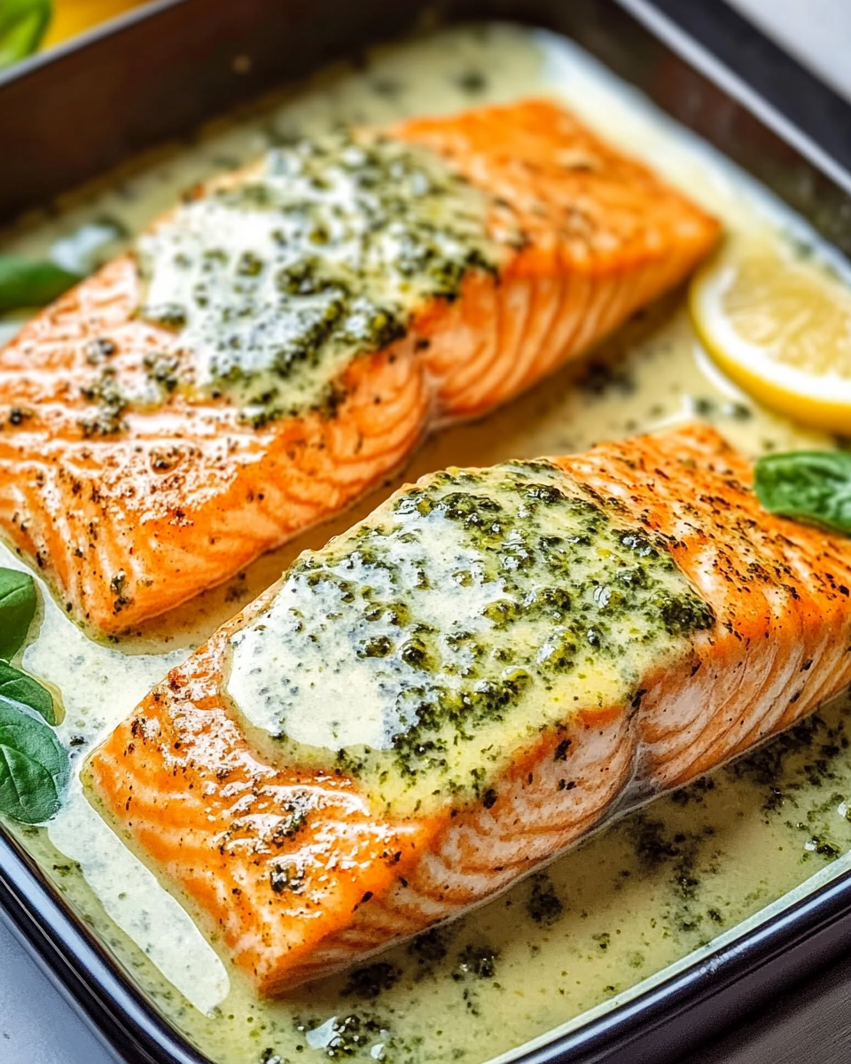 Baked Salmon with Pesto Cream Sauce