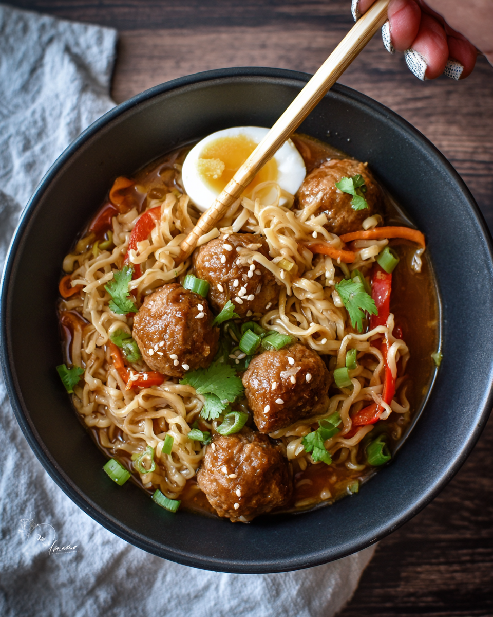 Slow Cooker Mongolian Meatball Ramen