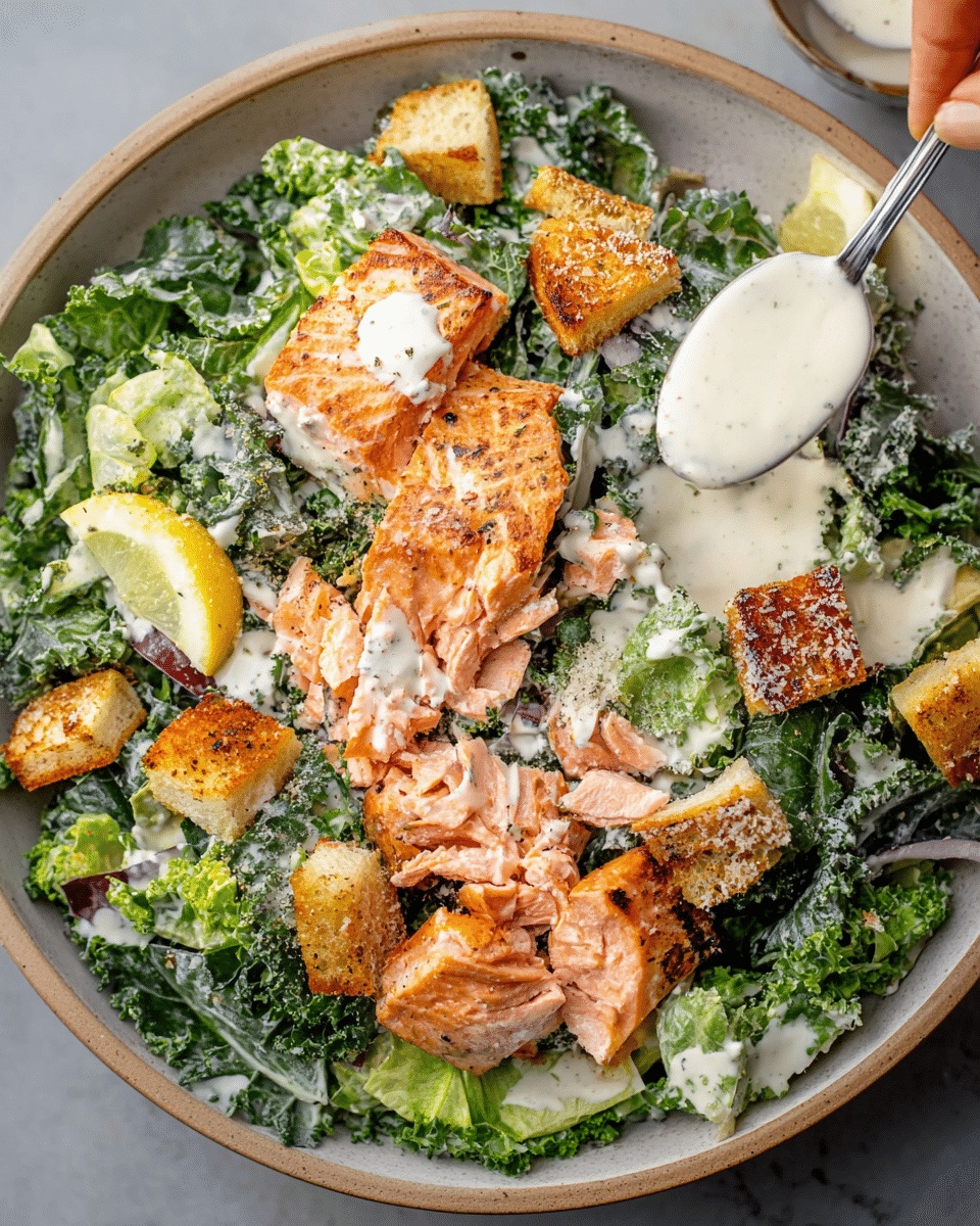 Salmon Kale Salad with Greek Yogurt Caesar Dressing