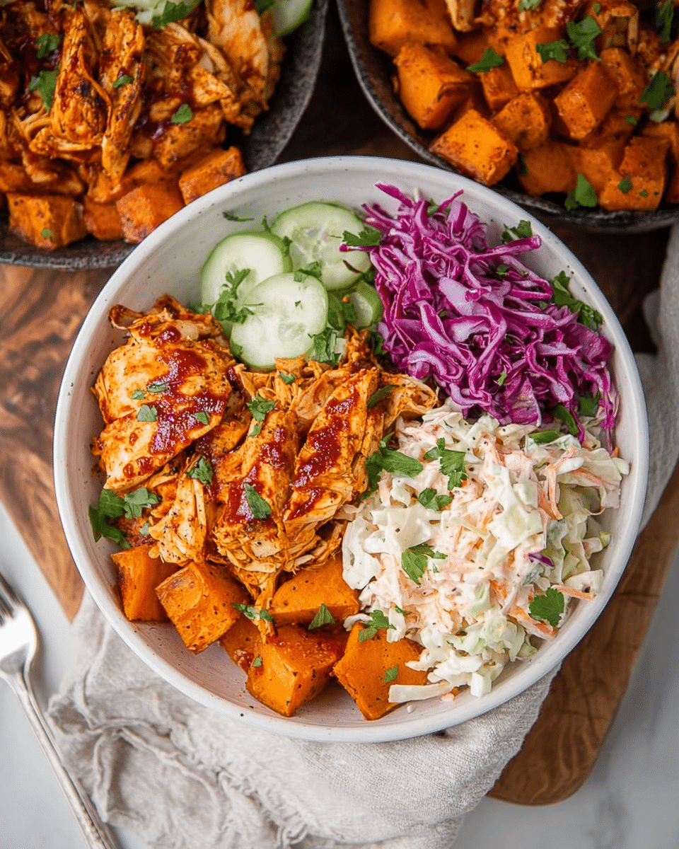 BBQ Chicken Bowls with Sweet Potatoes and Slaw
