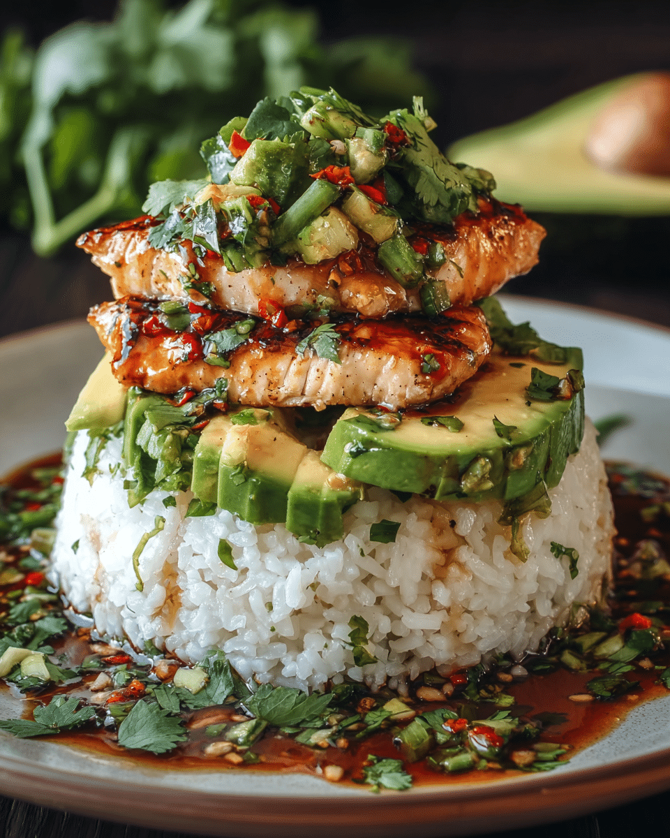 Honey Lime Chicken Avocado Rice Stack