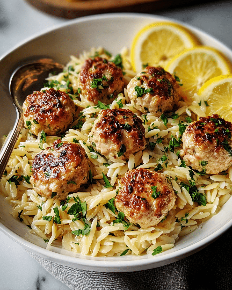 Lemon Chicken Ricotta Meatballs with Garlic Orzo