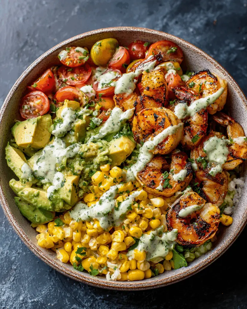 Grilled Shrimp Bowl with Avocado Corn Salsa & Creamy Garlic Sauce