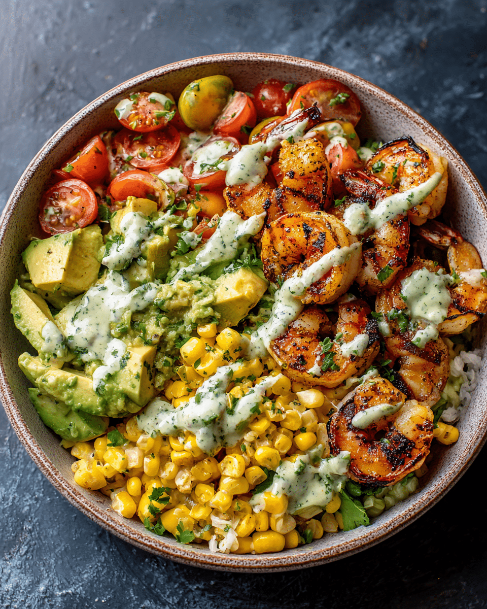 Grilled Shrimp Bowl with Avocado Corn Salsa & Creamy Garlic Sauce