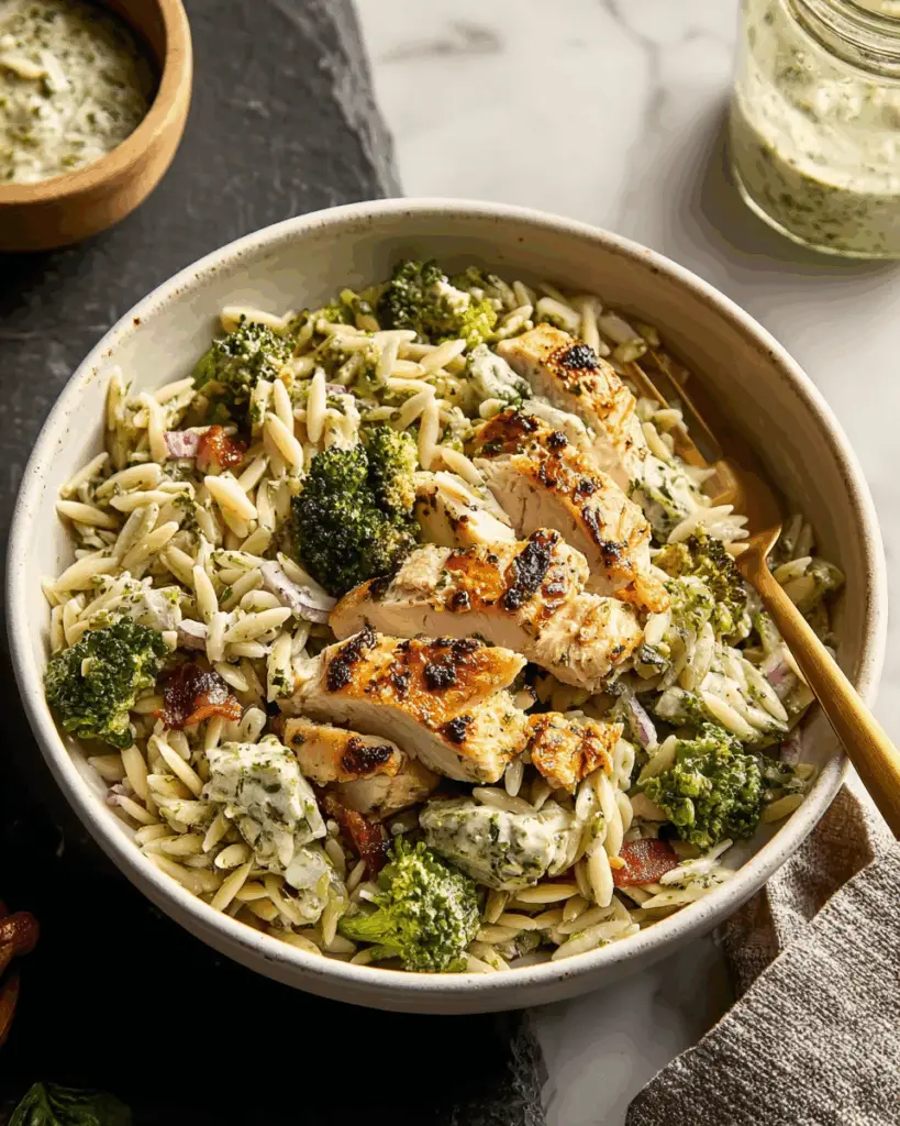 Pesto Chicken Caesar Orzo Salad with Roasted Broccoli