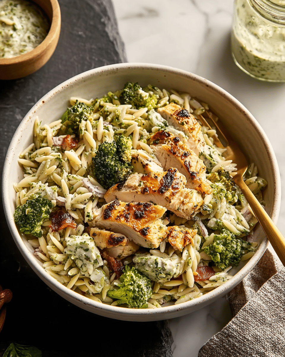 Pesto Chicken Caesar Orzo Salad with Roasted Broccoli