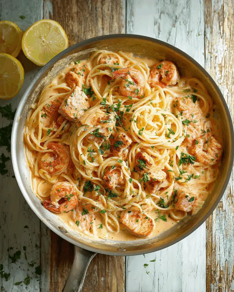 Salmon and Shrimp Alfredo Pasta