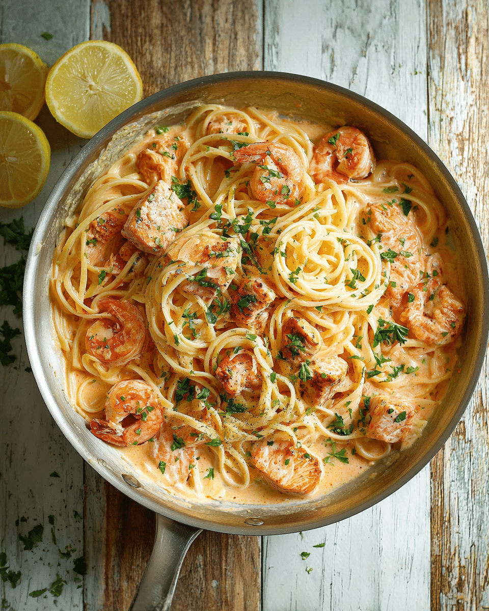 Salmon and Shrimp Alfredo Pasta