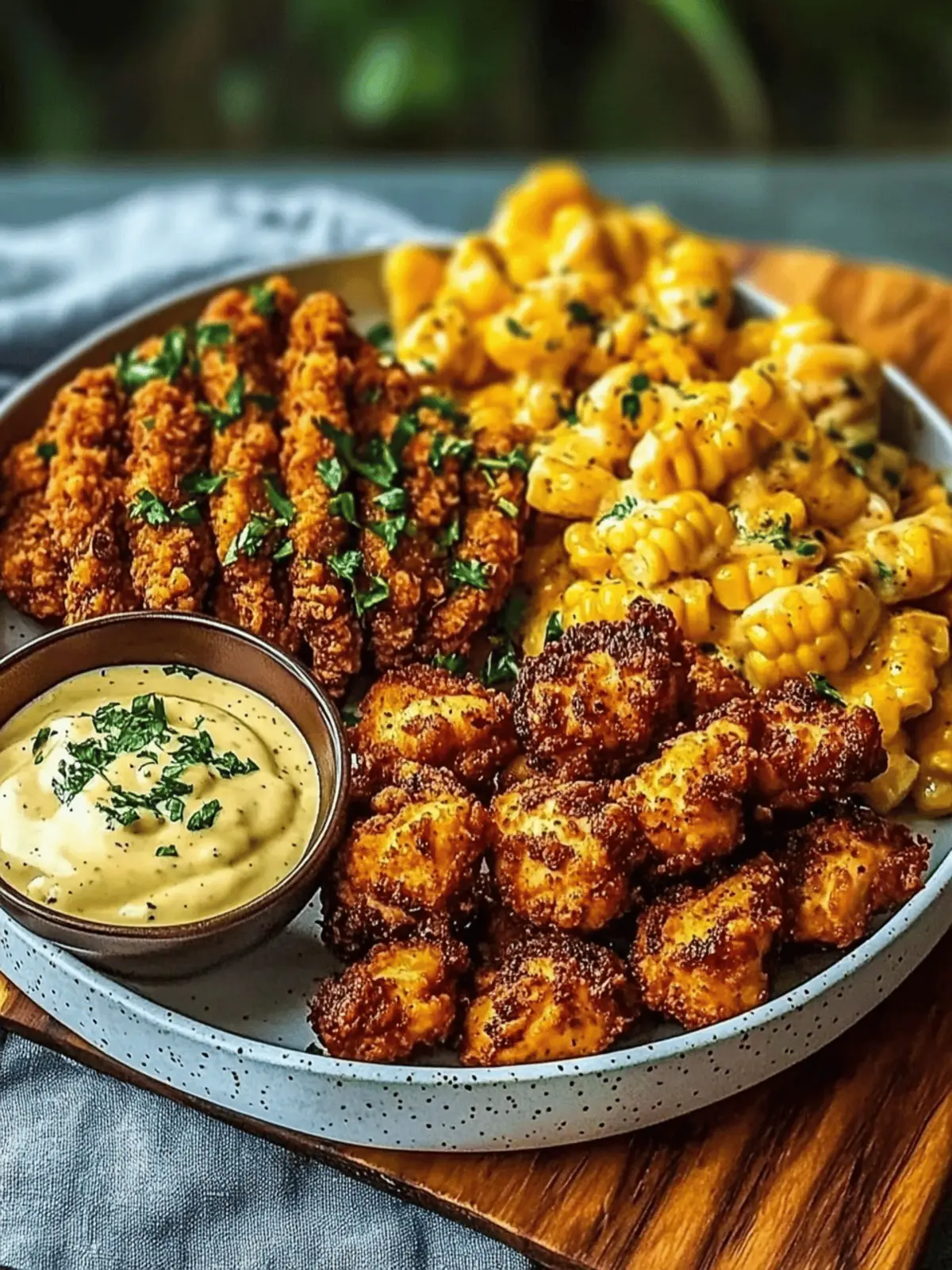 Crispy Chicken Bites & Blackened Cajun Alfredo with Roasted Corn Twists