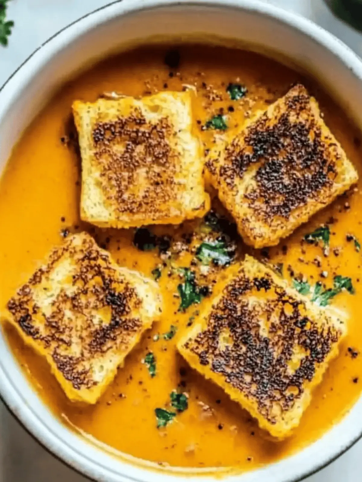 Spicy Pumpkin Soup with Grilled Cheese Croutons