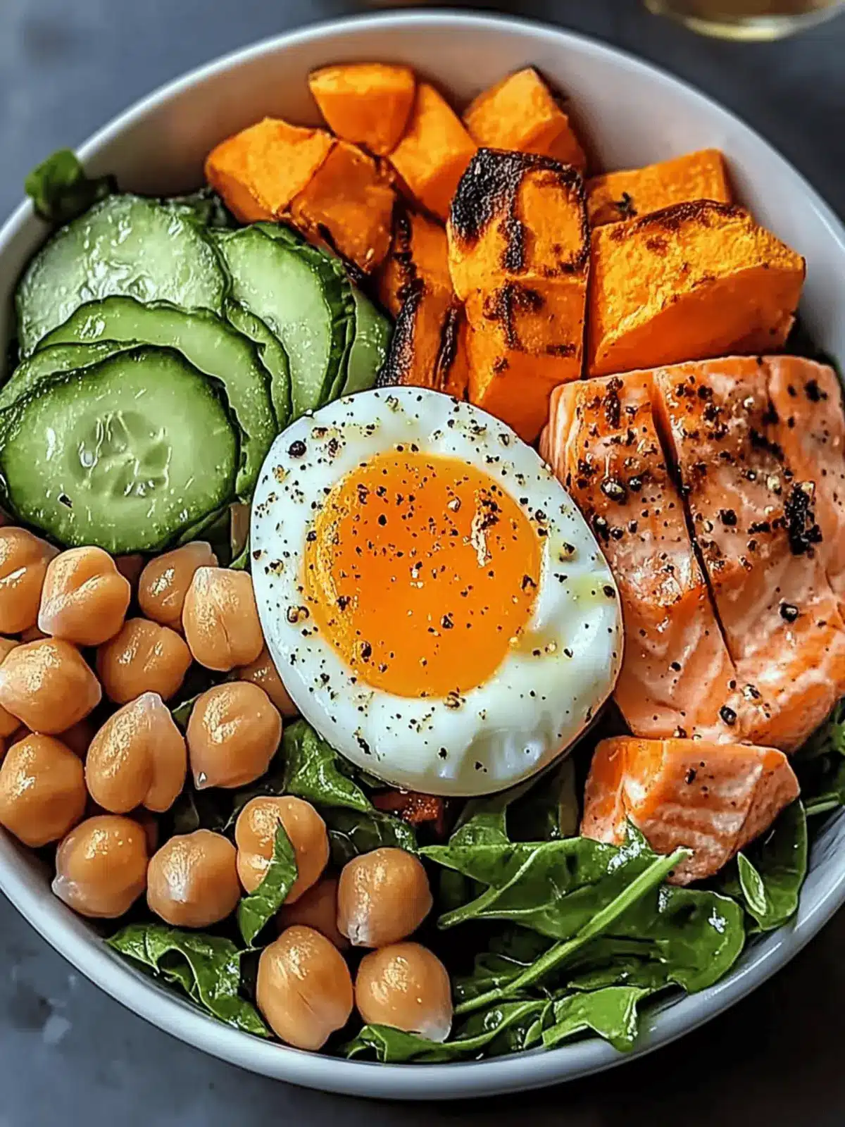 Omega Bowl: Salmon, Jammy Egg & Greens with Chickpeas & Sweet Potato