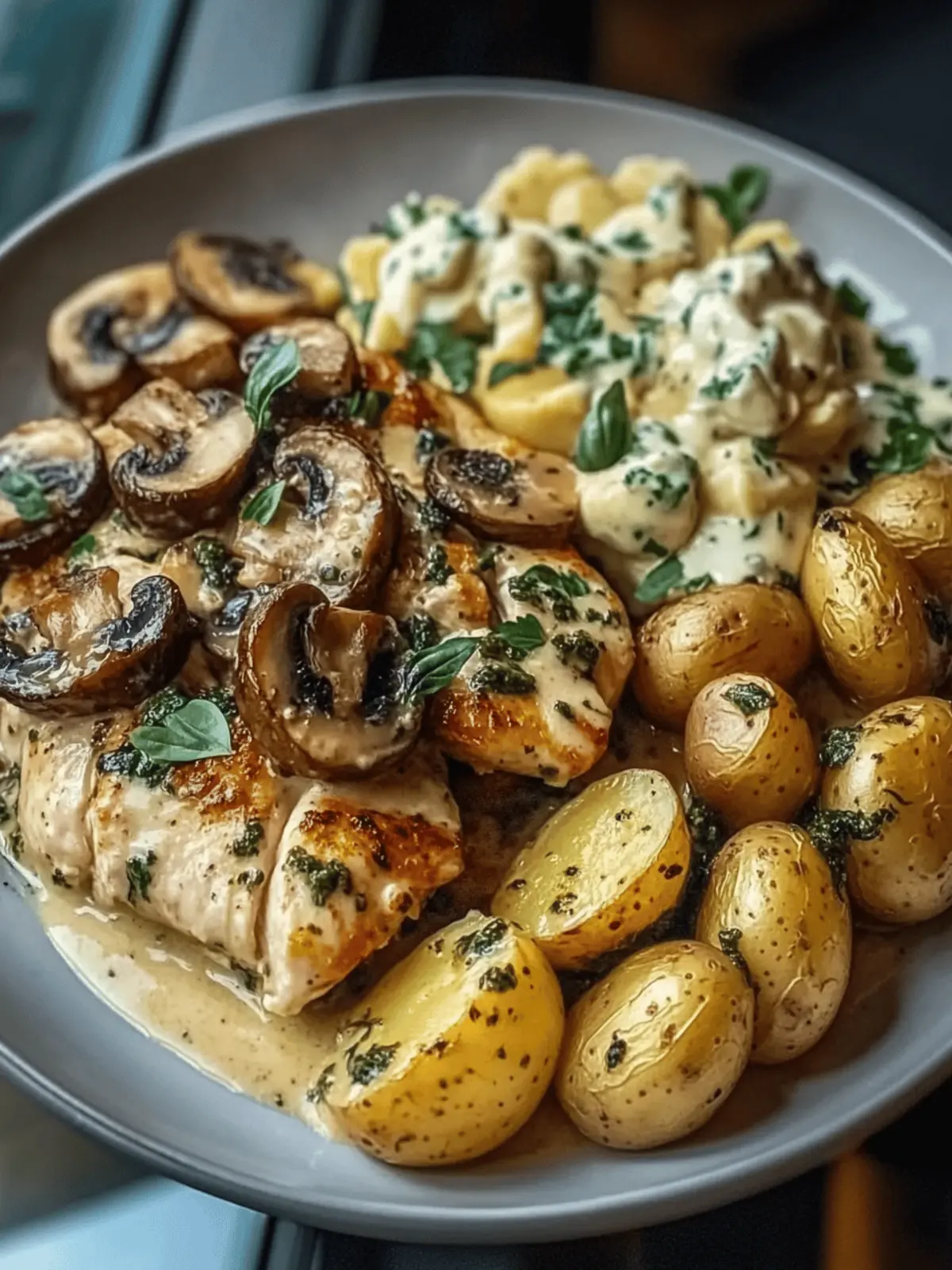 Chestnut Garlic Greek Chicken Alfredo with Sage Potatoes & Mushroom Basil Pesto Cream