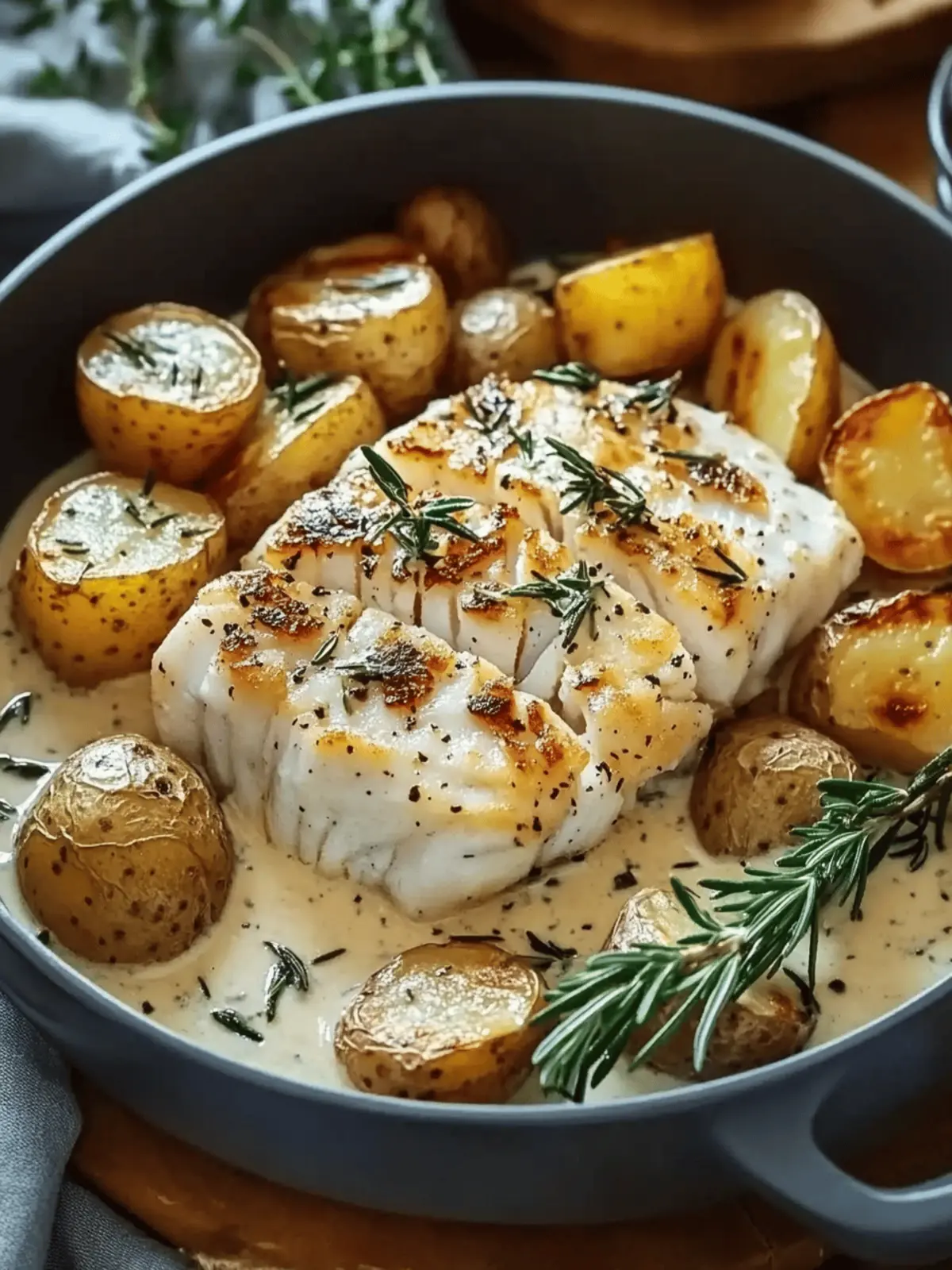Cod and Potatoes with Rosemary Cream Sauce