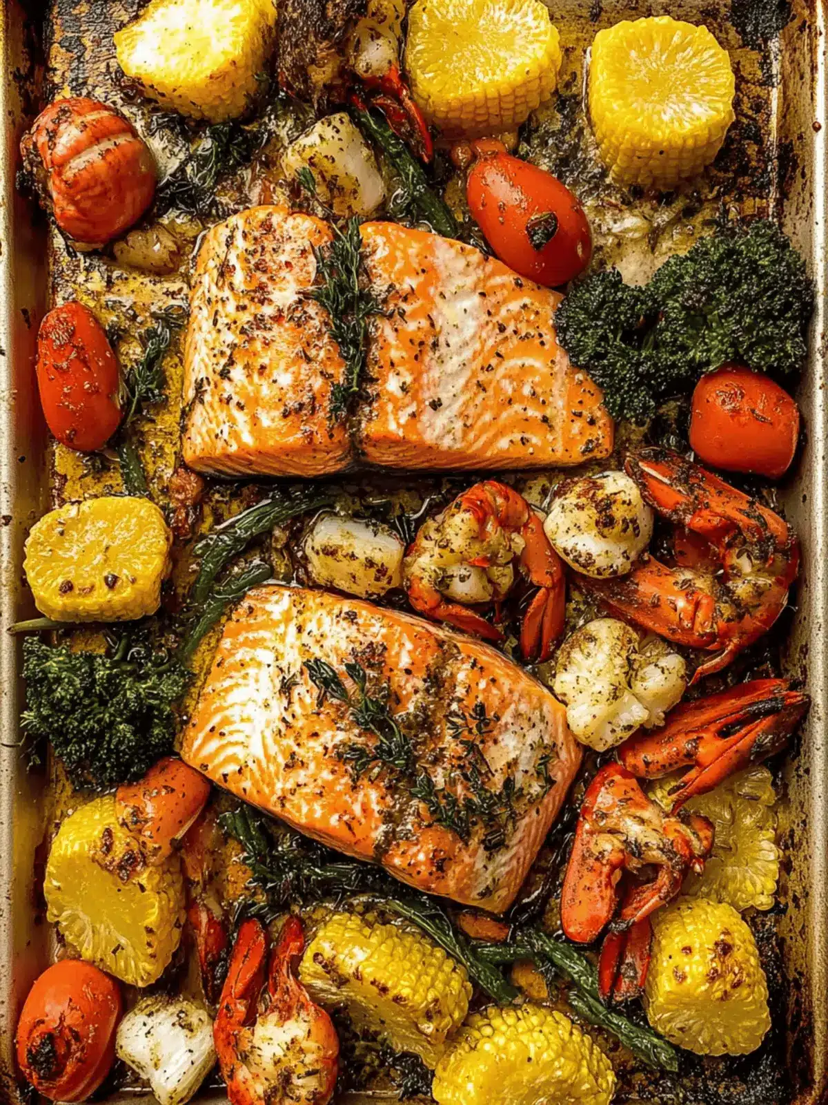 Sheet Pan Garlic Herb Salmon, Lobster, + Veggies