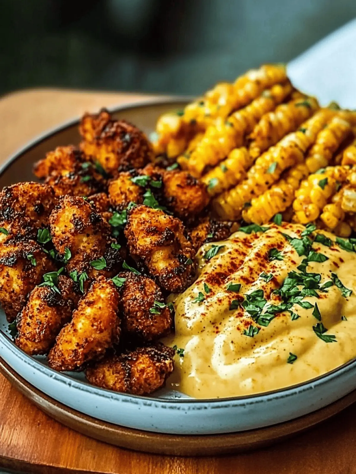 Crispy Chicken Bites & Blackened Cajun Alfredo with Roasted Corn Twists