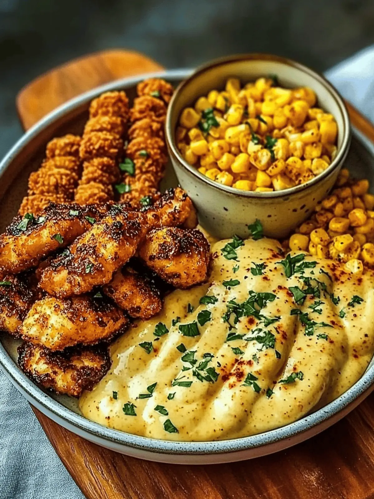 Crispy Chicken Bites & Blackened Cajun Alfredo with Roasted Corn Twists