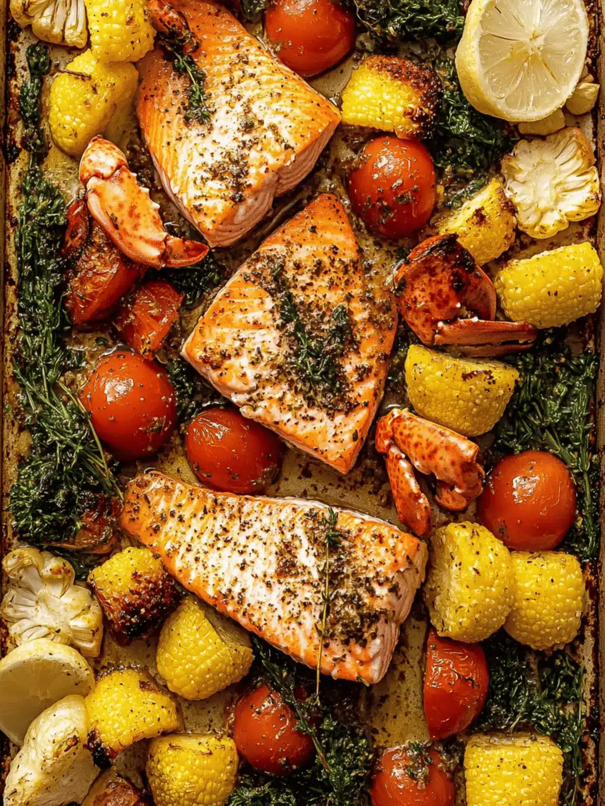 Sheet Pan Garlic Herb Salmon, Lobster, + Veggies