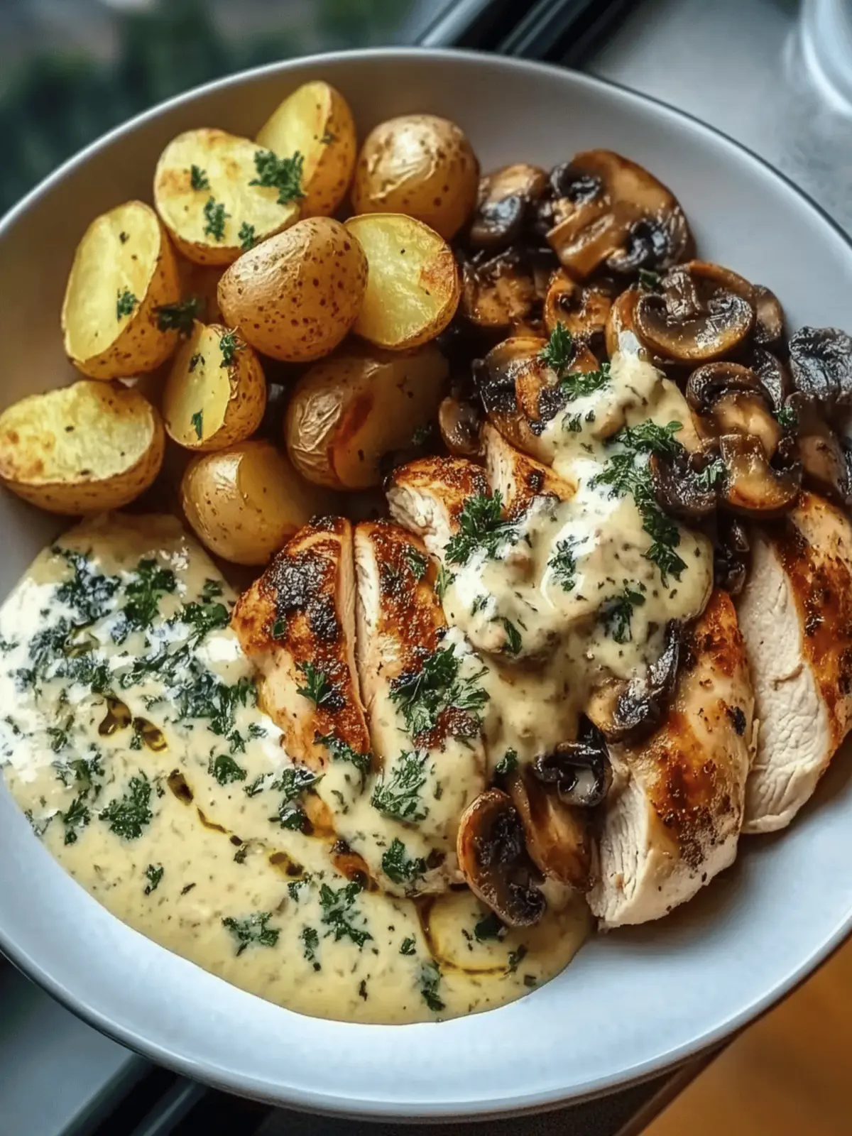 Chestnut Garlic Greek Chicken Alfredo with Sage Potatoes & Mushroom Basil Pesto Cream