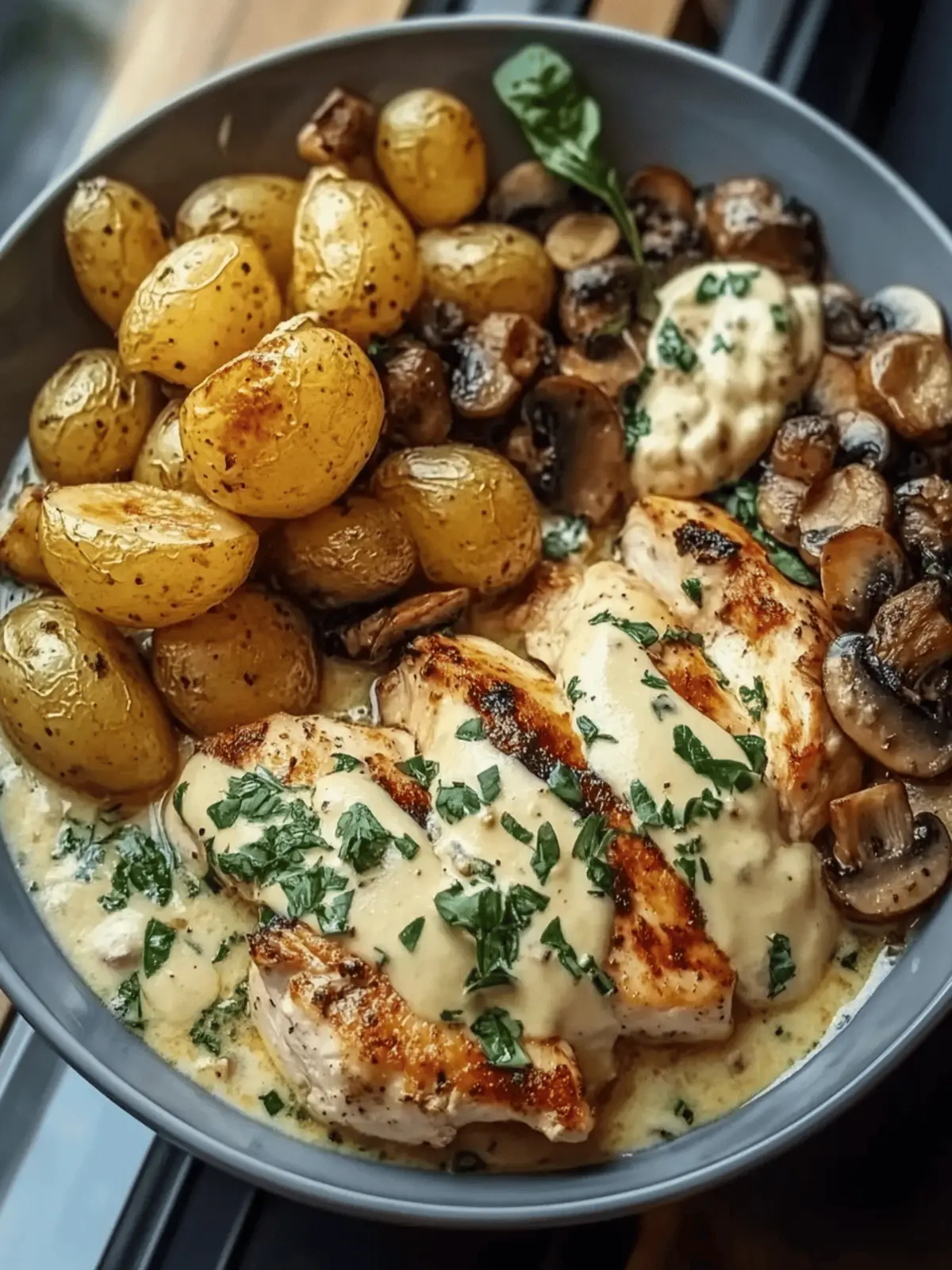 Chestnut Garlic Greek Chicken Alfredo with Sage Potatoes & Mushroom Basil Pesto Cream