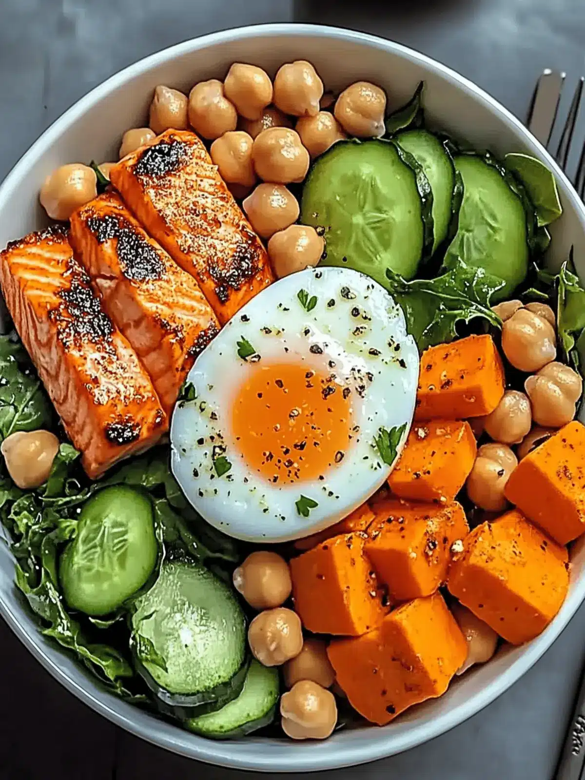 Omega Bowl: Salmon, Jammy Egg & Greens with Chickpeas & Sweet Potato
