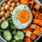 Omega Bowl: Salmon, Jammy Egg & Greens with Chickpeas & Sweet Potato