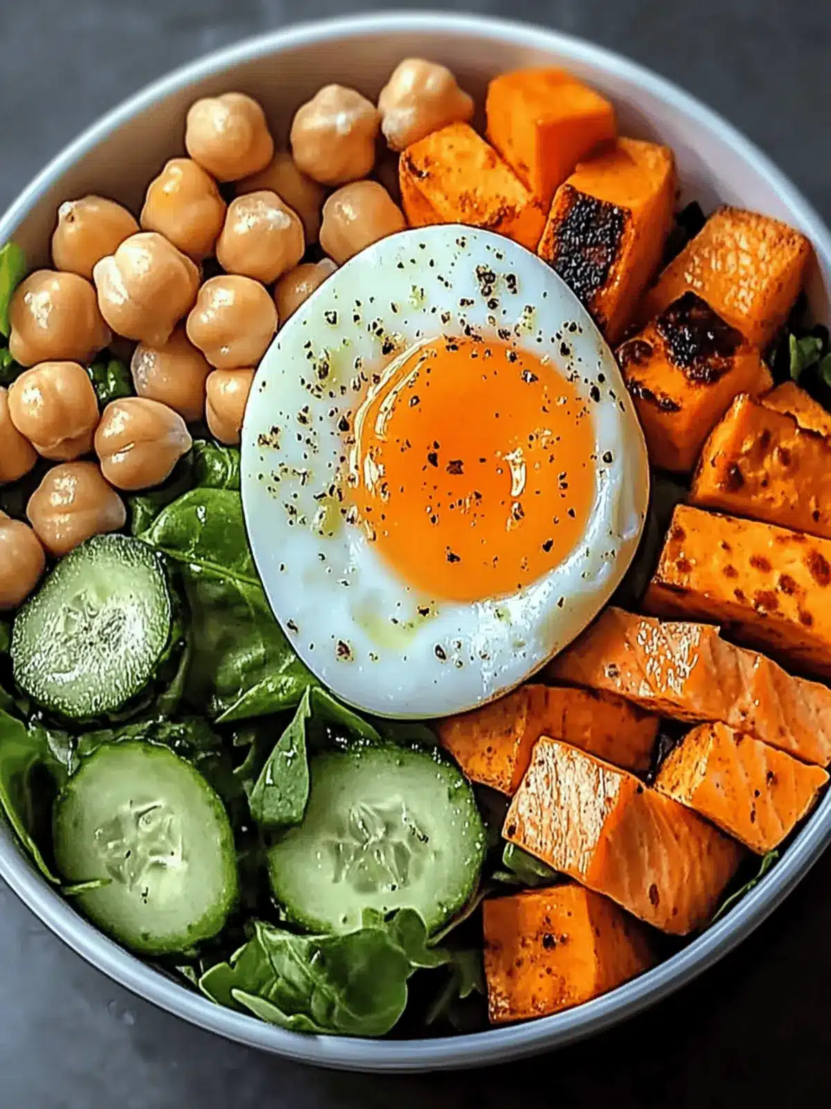 Omega Bowl: Salmon, Jammy Egg & Greens with Chickpeas & Sweet Potato