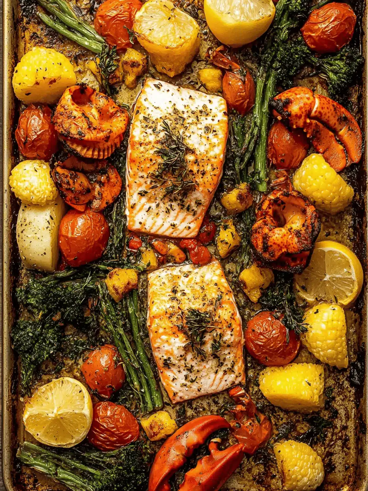 Sheet Pan Garlic Herb Salmon, Lobster, + Veggies