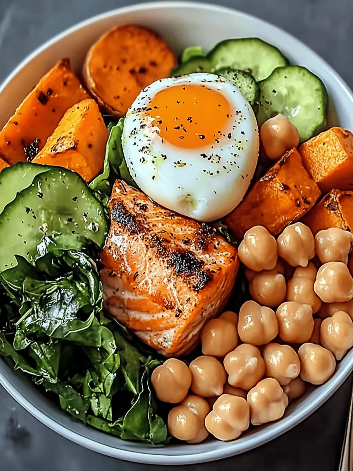 Omega Bowl: Salmon, Jammy Egg & Greens with Chickpeas & Sweet Potato