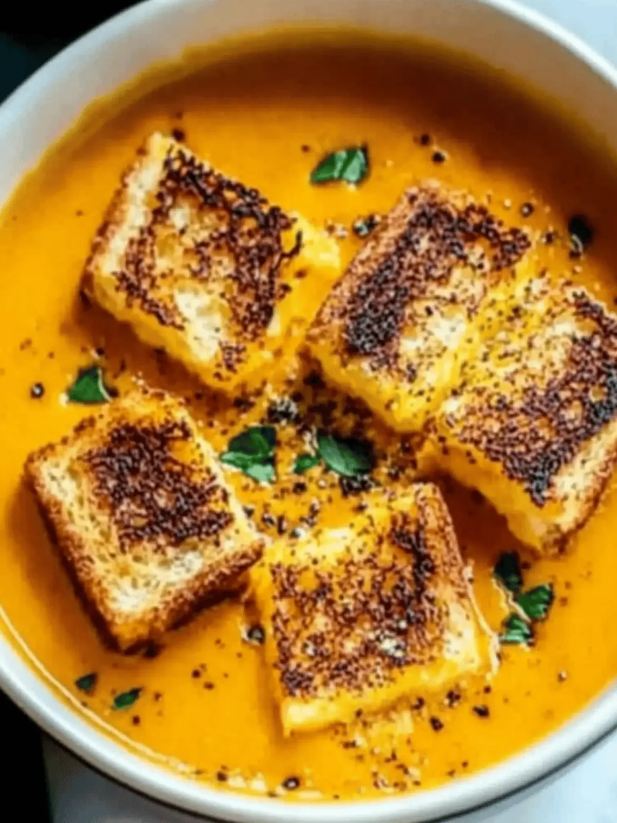 Spicy Pumpkin Soup with Grilled Cheese Croutons