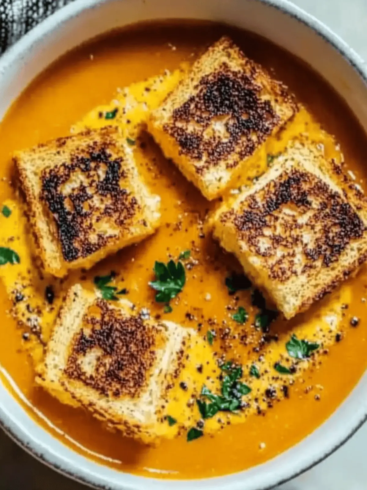 Spicy Pumpkin Soup with Grilled Cheese Croutons