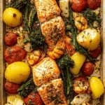 Sheet Pan Garlic Herb Salmon, Lobster, + Veggies