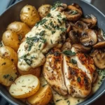 Chestnut Garlic Greek Chicken Alfredo with Sage Potatoes & Mushroom Basil Pesto Cream