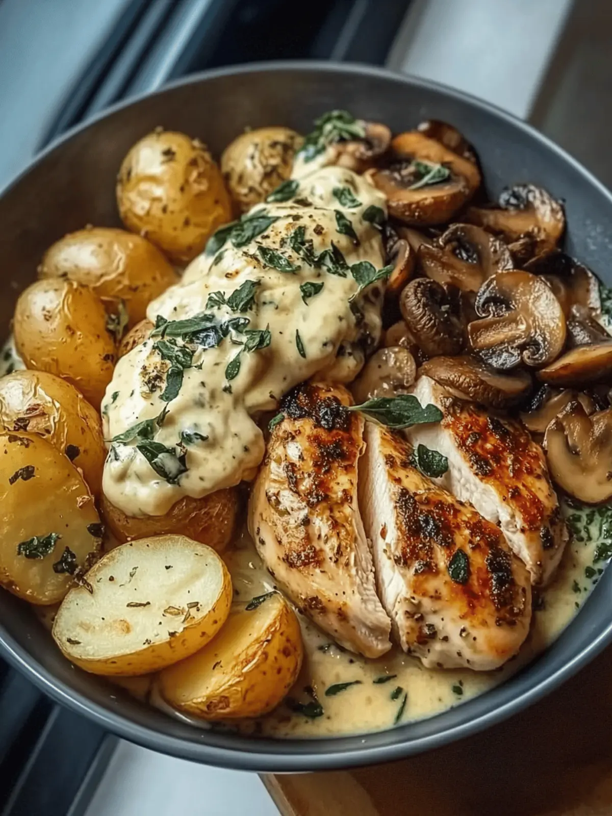 Chestnut Garlic Greek Chicken Alfredo with Sage Potatoes & Mushroom Basil Pesto Cream