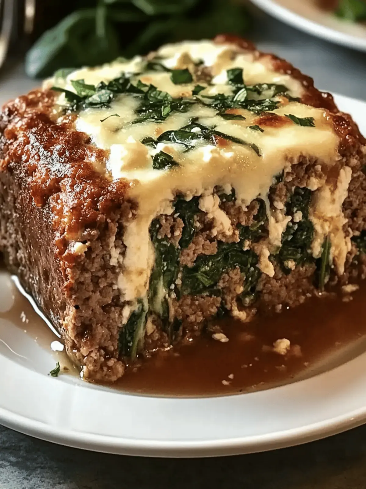 Stuffed Meatloaf with Spinach and Feta Melted Swiss Cheese