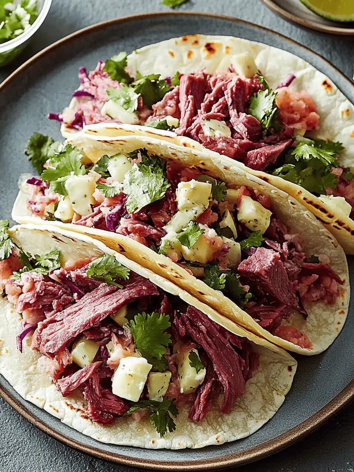 Corned Beef Tacos with Swiss & Caraway Slaw