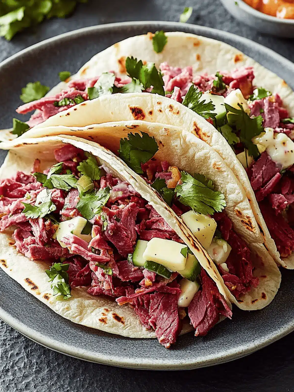 Corned Beef Tacos with Swiss & Caraway Slaw