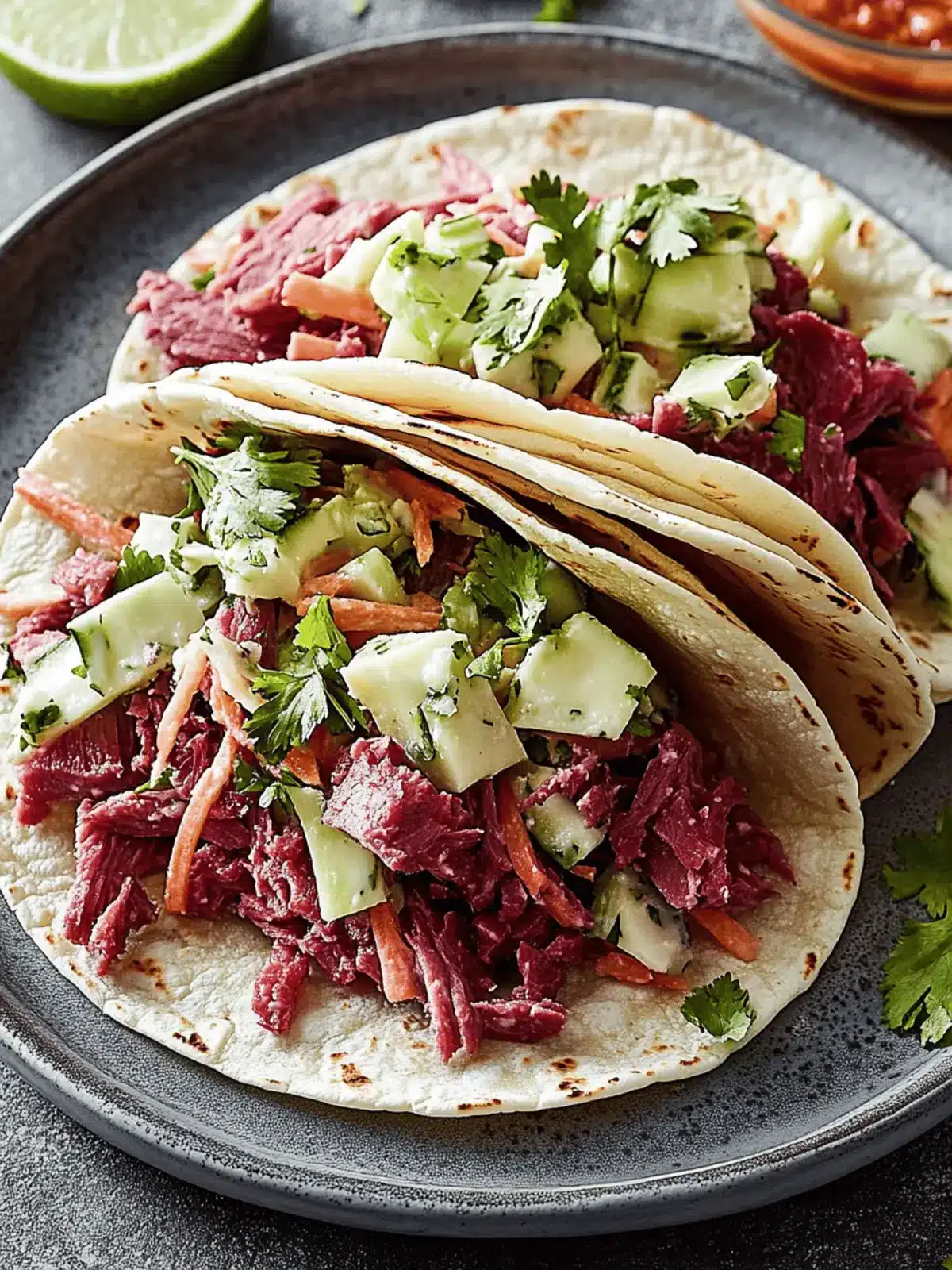 Corned Beef Tacos with Swiss & Caraway Slaw